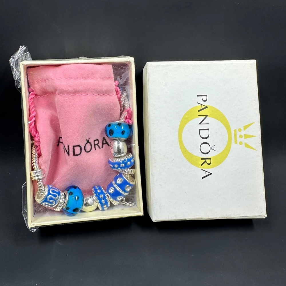 Pandora Silver Charm Bracelet Womens Blue Murano Glass Crystal Beads Box